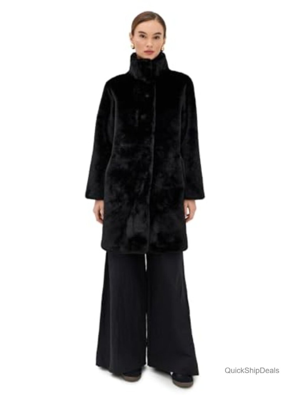 Mid-Length Faux Fur Trench Coat Mock Collar Long Sleeve Cold Weather